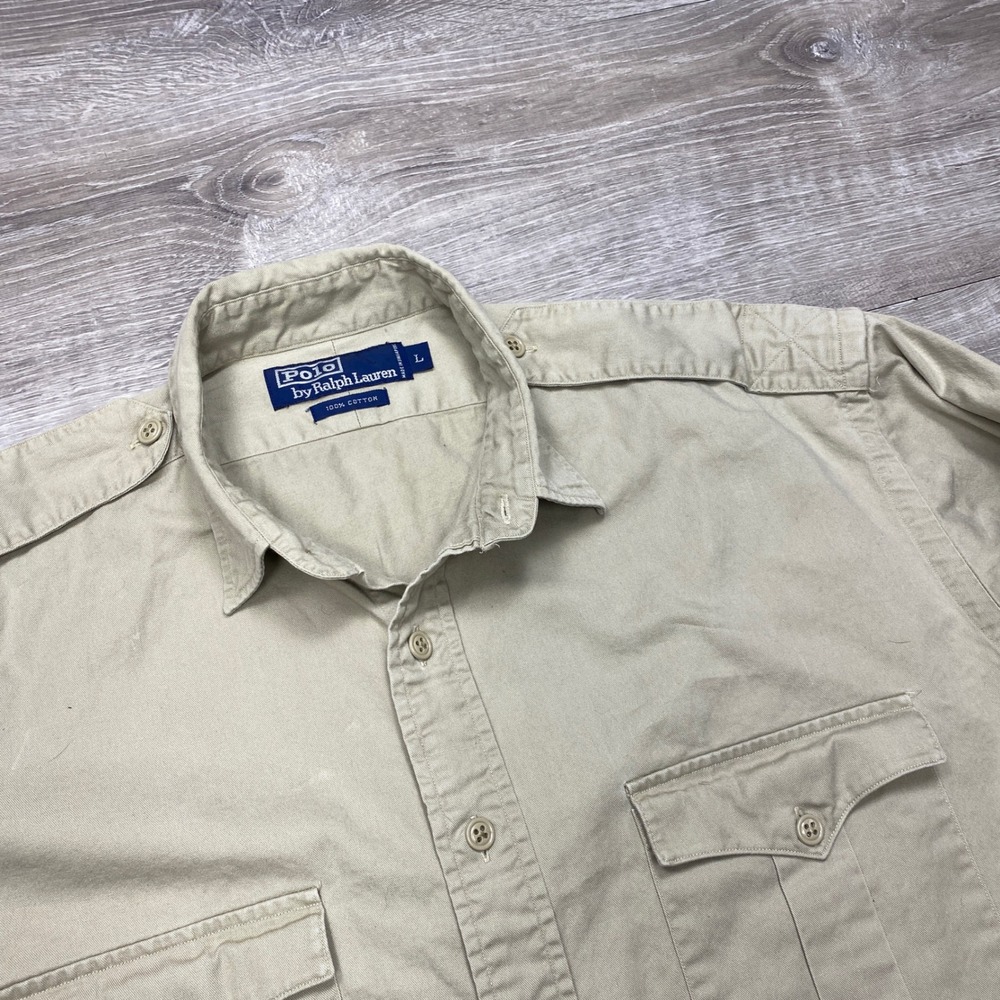 Polo Ralph Lauren Shirt Mens L Tan Key West Fishing Graphic Safari Twill Casual - Picture 7 of 12